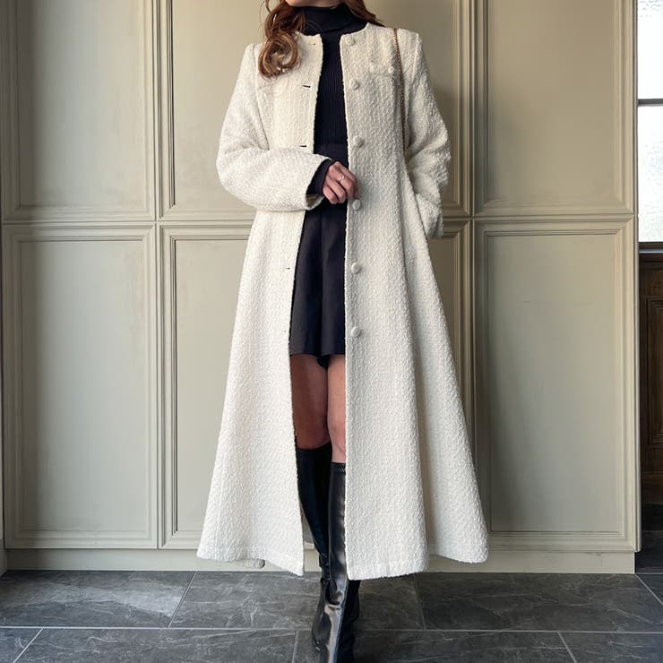 ツイードロングフレアコート[品番：AMTW0009913]｜JUNOAH（ジュノア