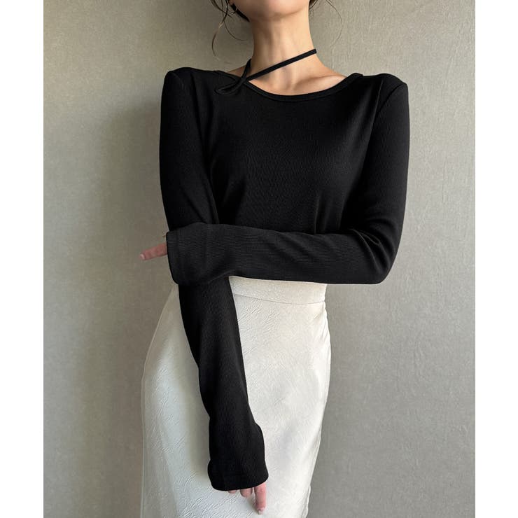 襟クロスリボンデザインリブトップス | JUNOAH | 詳細画像1 