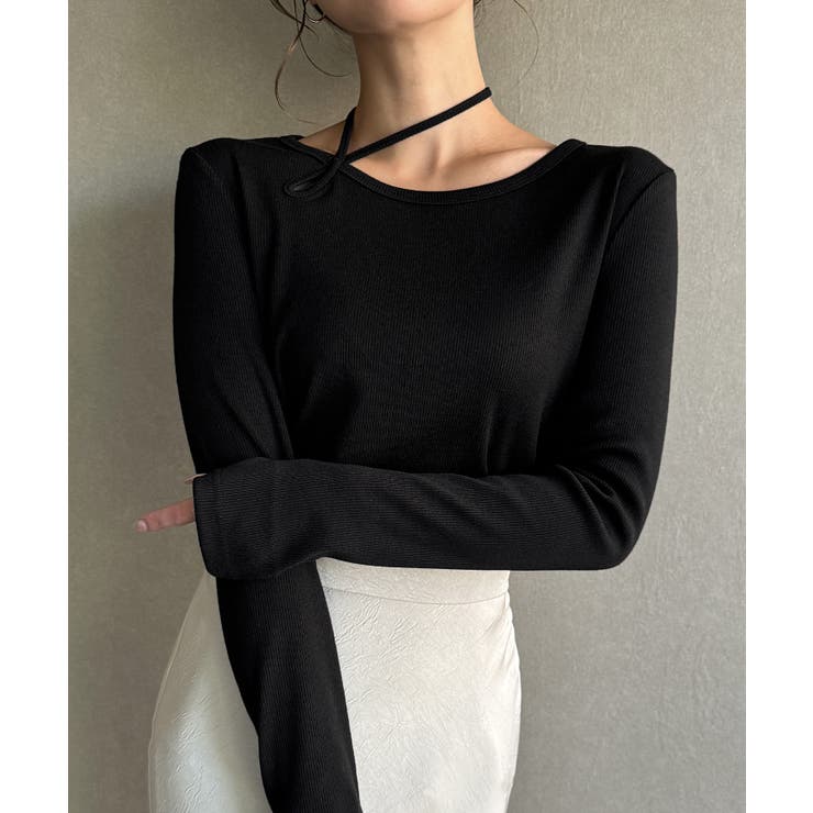 ブラック | 襟クロスリボンデザインリブトップス | JUNOAH