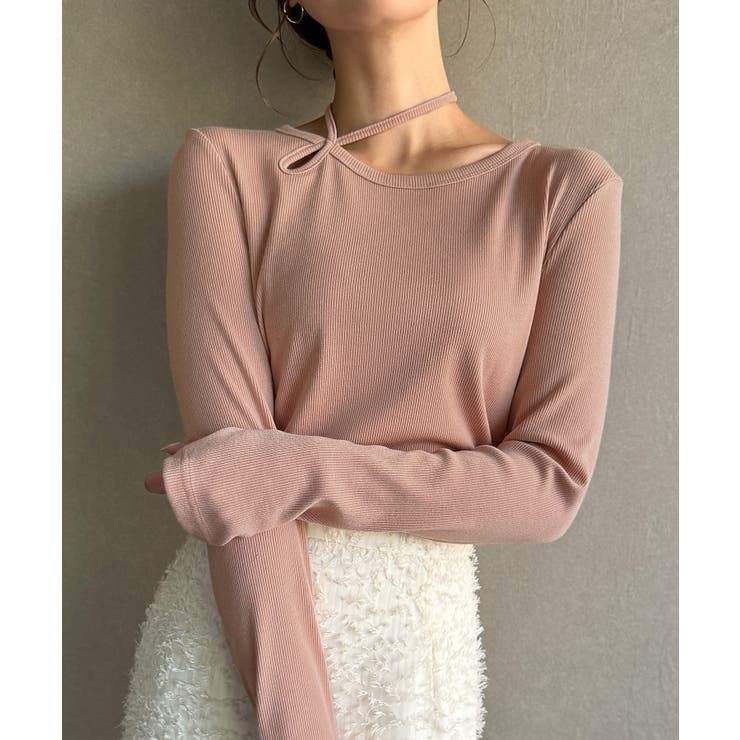 ピンクベージュ | 襟クロスリボンデザインリブトップス | JUNOAH