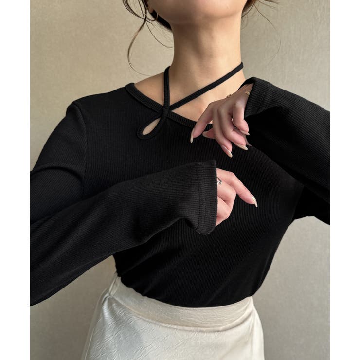 襟クロスリボンデザインリブトップス | JUNOAH | 詳細画像2 