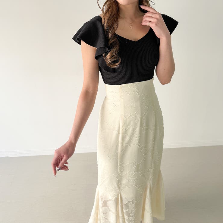 美品✨MaxMara ドッキングニット×シルクラッフルロングワンピース 黒 42 シルクシフォン ラッフルマキシワンピース｜トゥモローランド