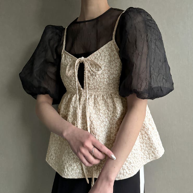 2wayリボン小花柄ジャガードキャミソール[品番：AMTW0010080