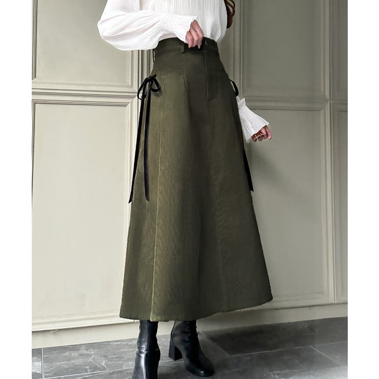 オリーブ | リボン付きコーデュロイタックスカート | JUNOAH