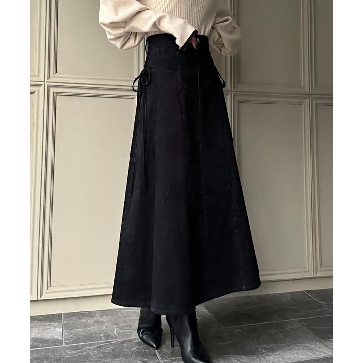 ブラック | リボン付きコーデュロイタックスカート | JUNOAH