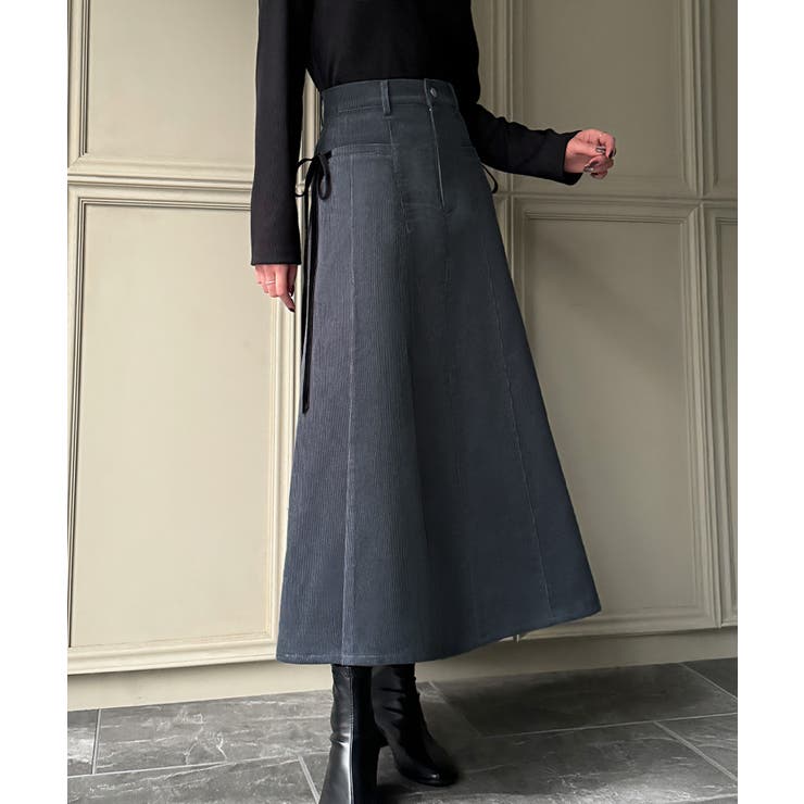 ダークグレー | リボン付きコーデュロイタックスカート | JUNOAH