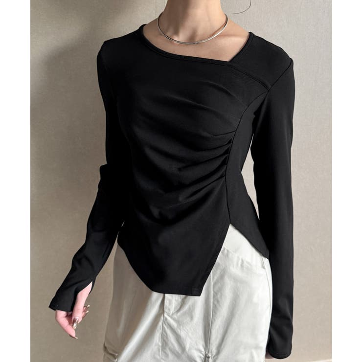 ブラック | アシメネックドレープカットソー | JUNOAH