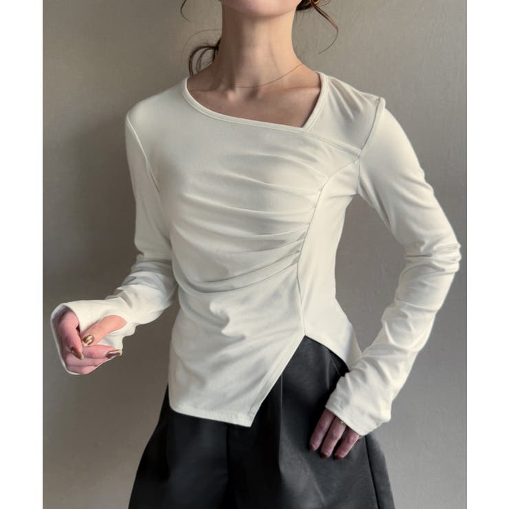 ホワイト | アシメネックドレープカットソー | JUNOAH