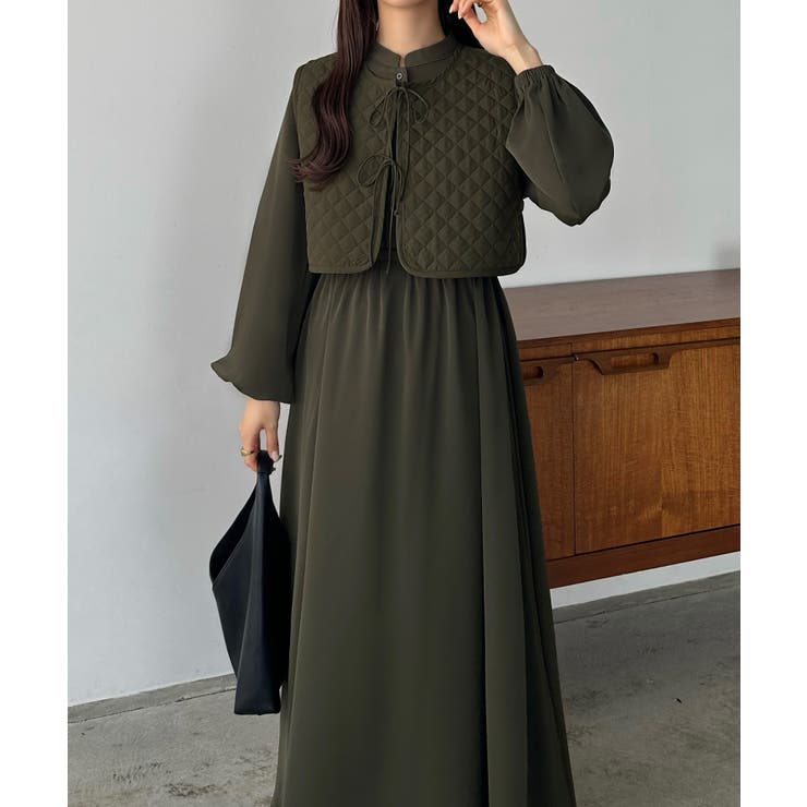 callautia キルティングショートベスト+シャツワンピースセット callautia キルティングショートベスト+シャツワンピースセット