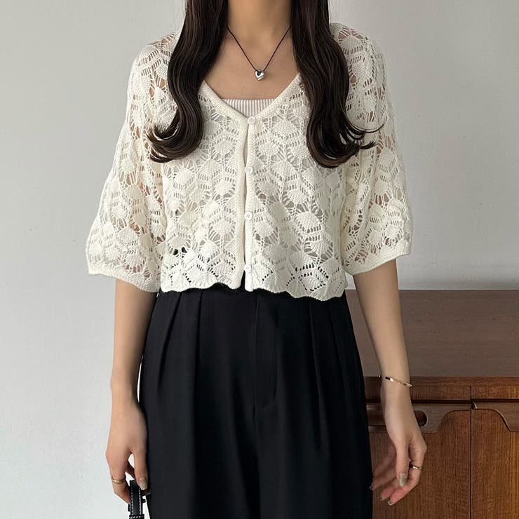 ホワイト | callautia 半袖クロシェニット | JUNOAH