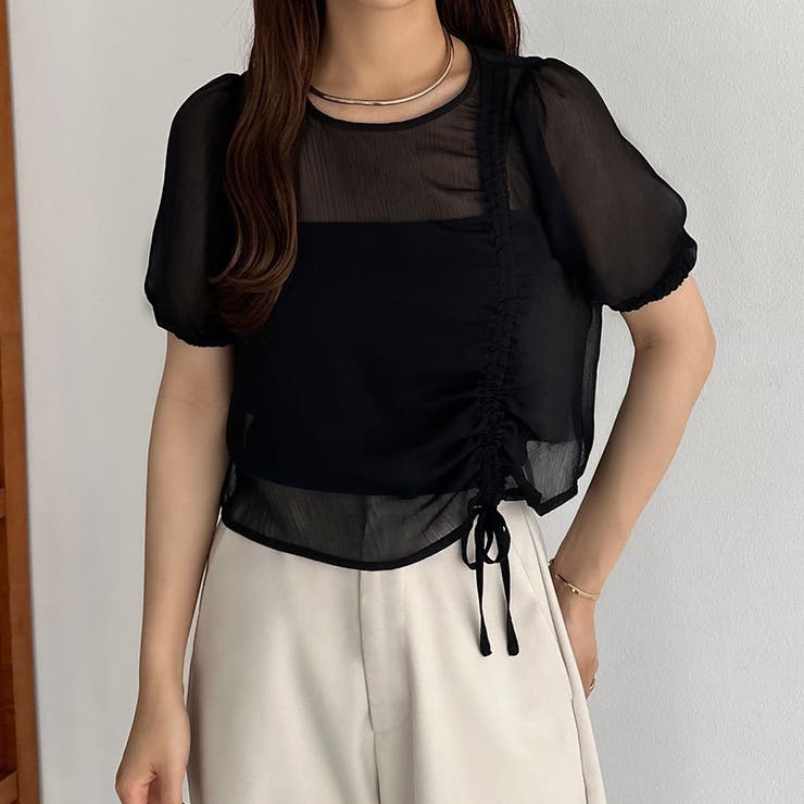 ブラック | callautia 楊柳ギャザーショートトップス | JUNOAH