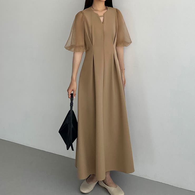 callautia チュールスリーブウエストタックワンピース[品番
