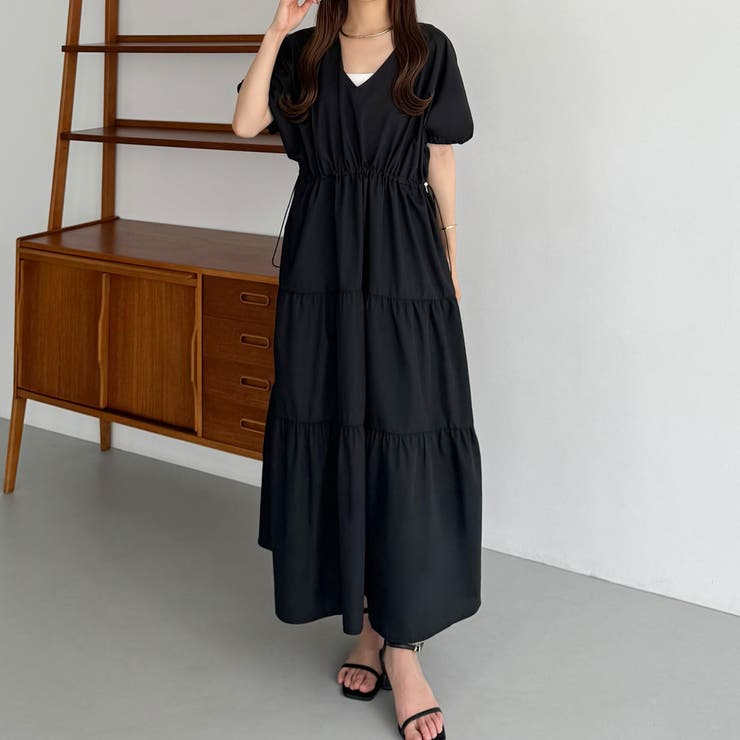 ブラック | callautia Vネックドロストワンピース | JUNOAH