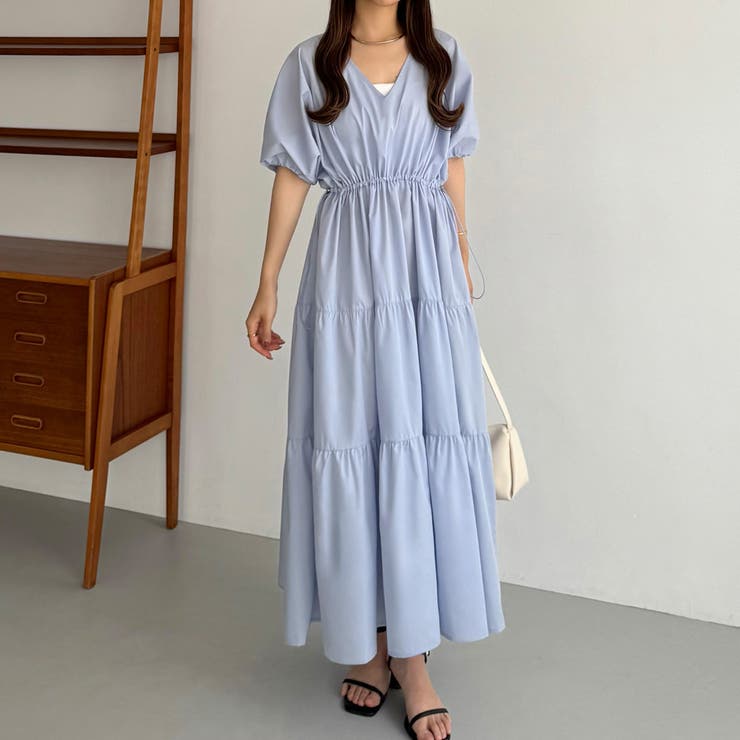 ブルー | callautia Vネックドロストワンピース | JUNOAH