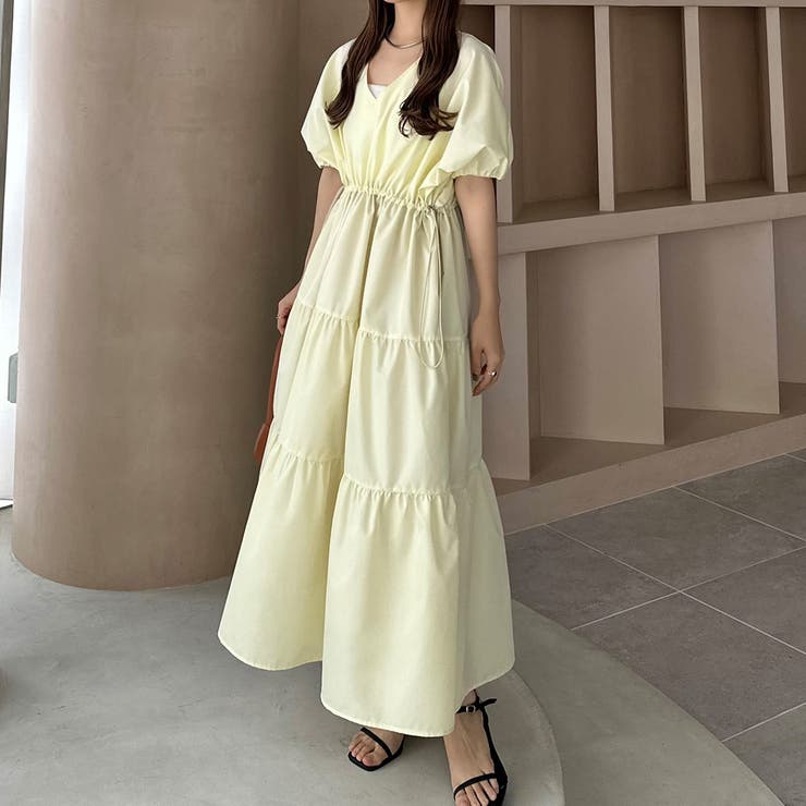 イエロー | callautia Vネックドロストワンピース | JUNOAH