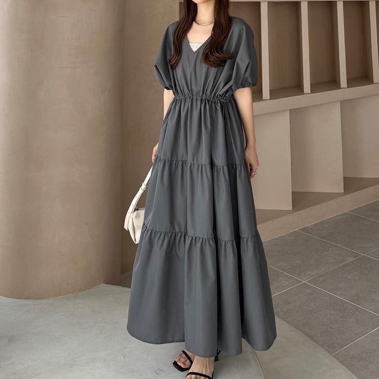 チャコール | callautia Vネックドロストワンピース | JUNOAH