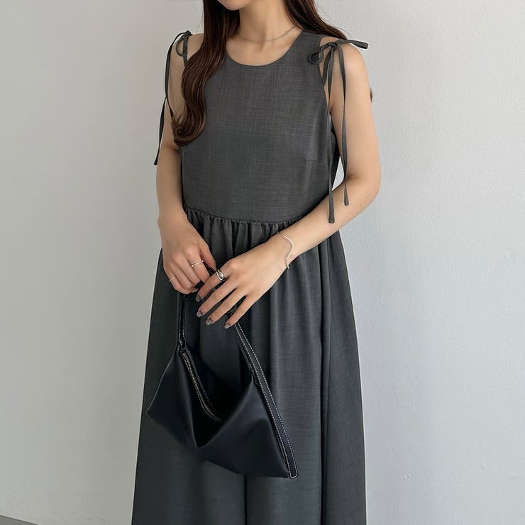 チャコール | callautia ショルダーリボンノースリーブフレアワンピース | JUNOAH