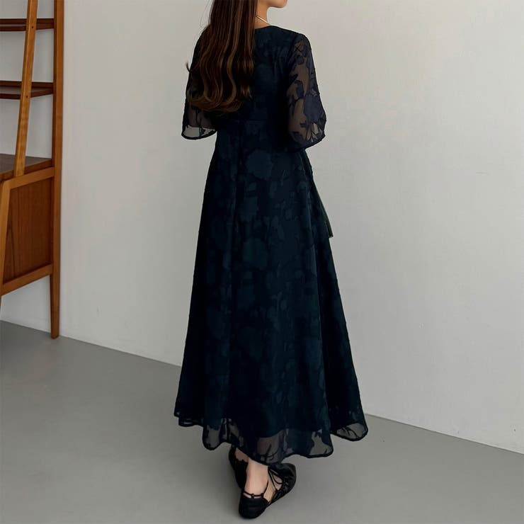 GREED フラワーシアージャガードパフドレスワンピース 美品 GREED フラワーシアージャガードパフドレス