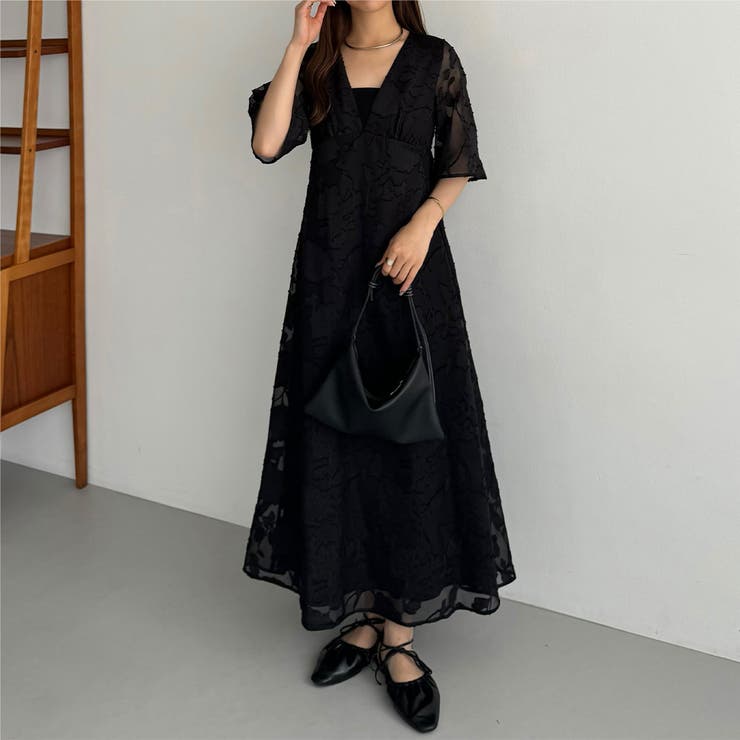 【アドーア】シアー パイピング ロングシャワンピース カーディガン モンドリアン シアーカーディガンXリボン付きニットキャミワンピース[rut915