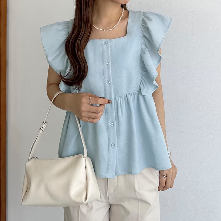 ライトブルー | callautia フリルノースリーブブラウス | JUNOAH