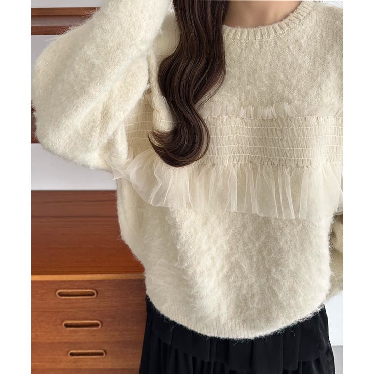 アイボリー | callautia チュールシャギーニット | JUNOAH