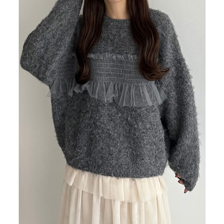グレー | callautia チュールシャギーニット | JUNOAH