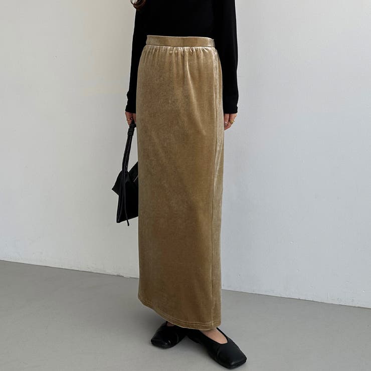 グレージュ | callautia ベロアロングIラインスカート | JUNOAH