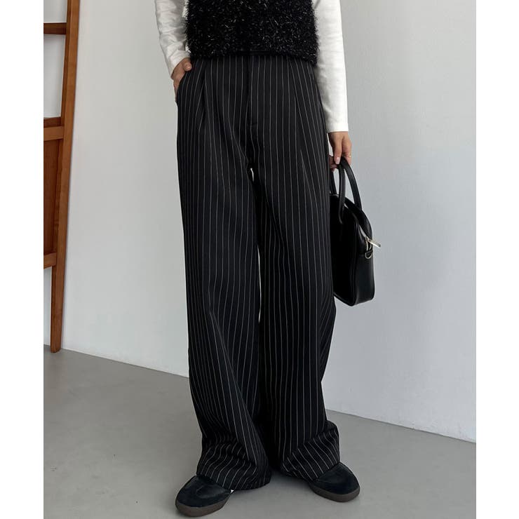 ブラック | callautia 裏起毛ストライプタックスラックス | JUNOAH