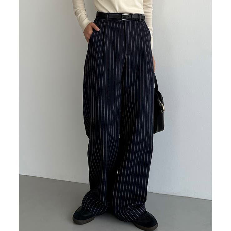 ネイビー | callautia 裏起毛ストライプタックスラックス | JUNOAH