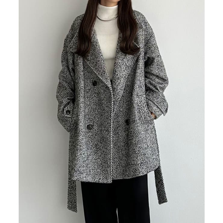 nanachi✱　レア　ヘリンボーンミドルコート callautia スタンドカラーヘリンボーンミドルコート[品番：AMTW0011639