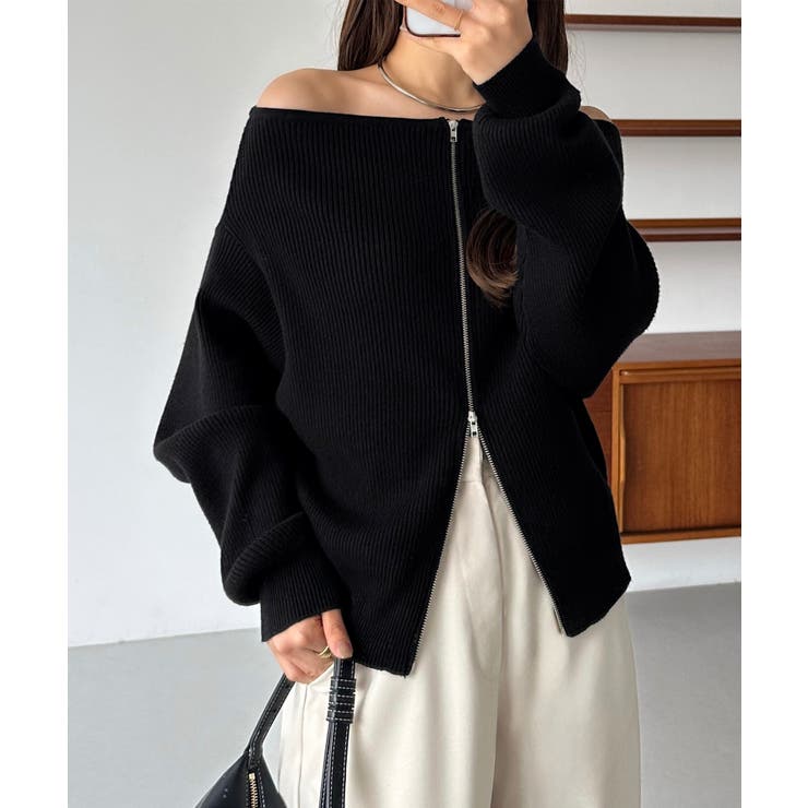 ブラック | callautia Wジップオフショルニット | JUNOAH