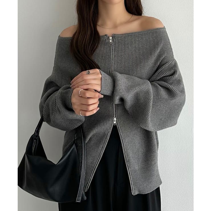 チャコール | callautia Wジップオフショルニット | JUNOAH