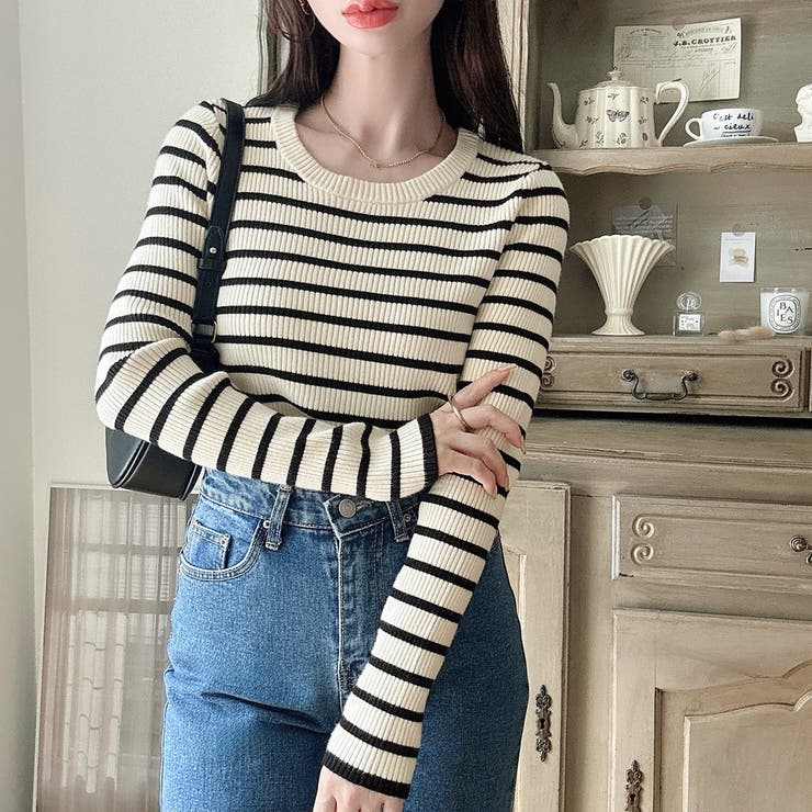 Bアイボリー×ブラック | Meiru【選べる】厚手長袖リブニット | JUNOAH