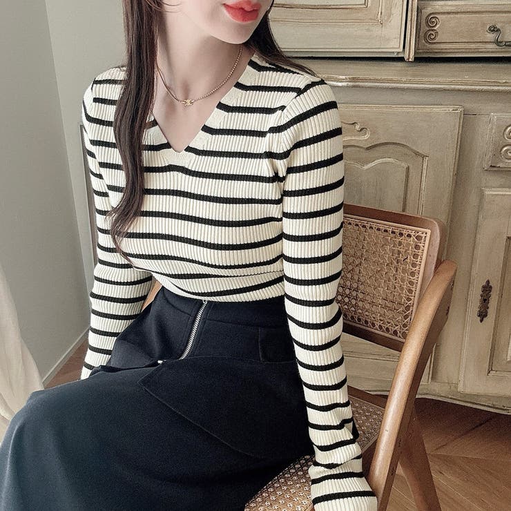 Cアイボリー×ブラック | Meiru【選べる】厚手長袖リブニット | JUNOAH