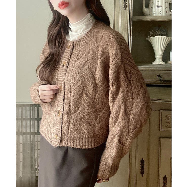 Meiru 前後2wayケーブル編みショートニットカーディガン[品番