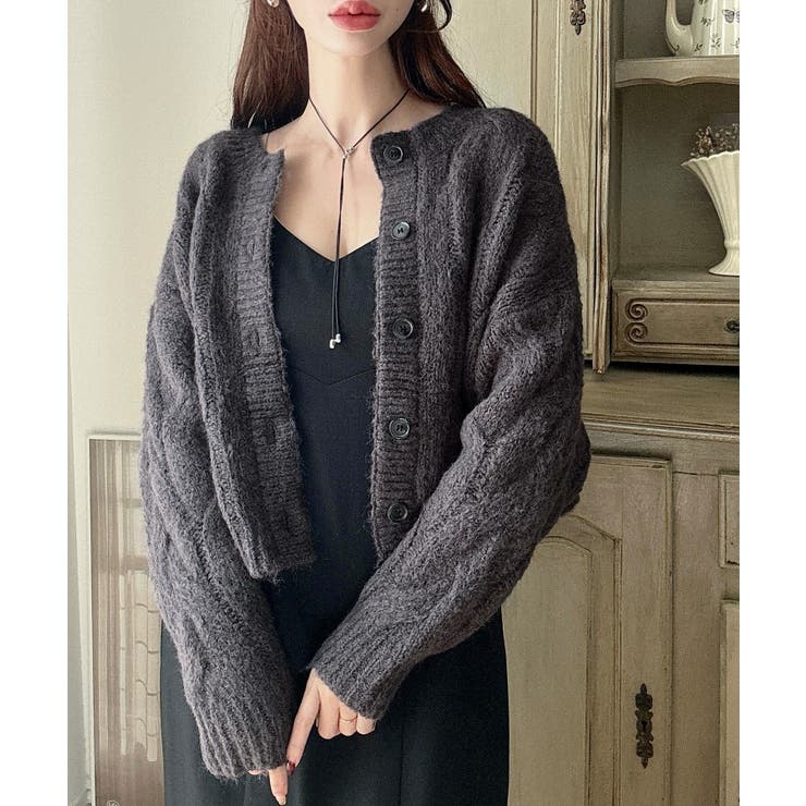 Meiru 前後2wayケーブル編みショートニットカーディガン | JUNOAH | 詳細画像8 