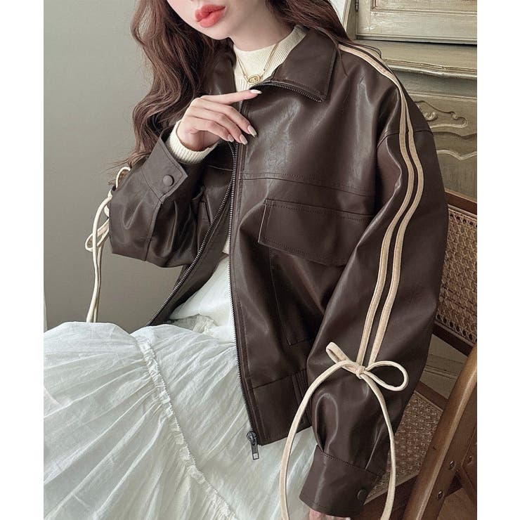 Meiru 袖配色リボンPUレザーブルゾン[品番：AMTW0011973]｜JUNOAH