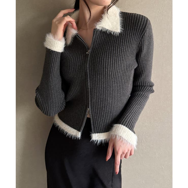 バイカラーシャギーダブルジップニット[品番：AMTW0012823]｜JUNOAH