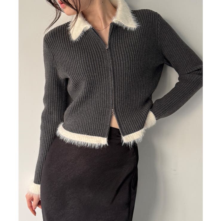 チャコール | バイカラーシャギーダブルジップニット | JUNOAH