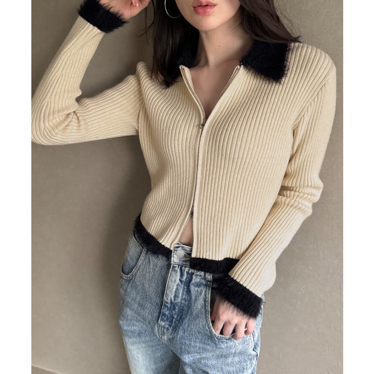 バイカラーシャギーダブルジップニット | JUNOAH | 詳細画像6 