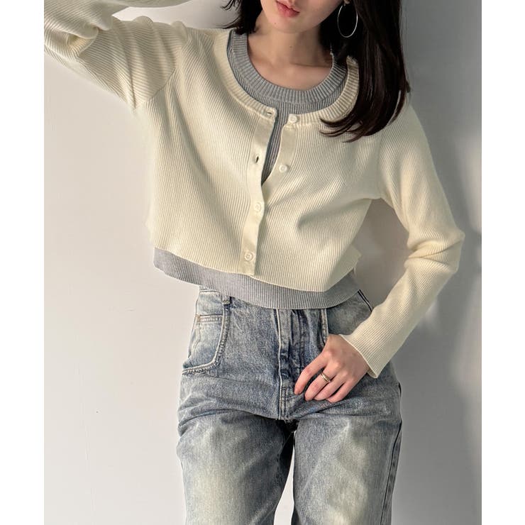 レイヤード風配色ショートニットトップス | JUNOAH | 詳細画像13 