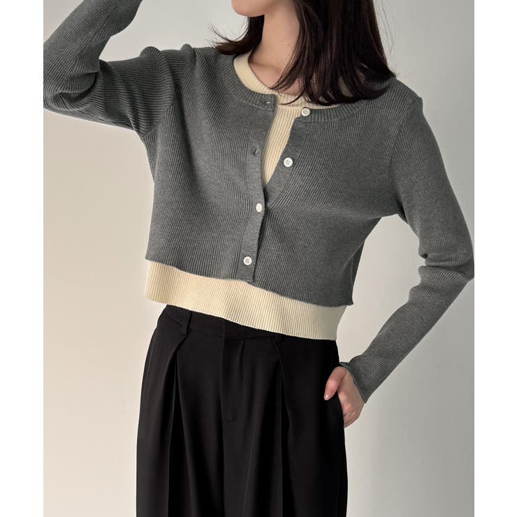 チャコール | レイヤード風配色ショートニットトップス | JUNOAH