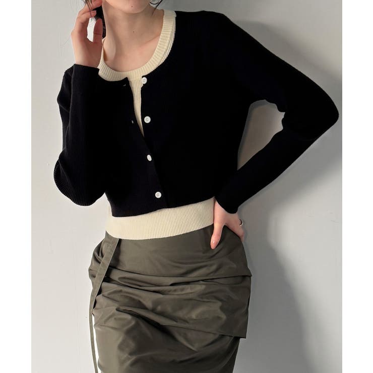 ブラック | レイヤード風配色ショートニットトップス | JUNOAH