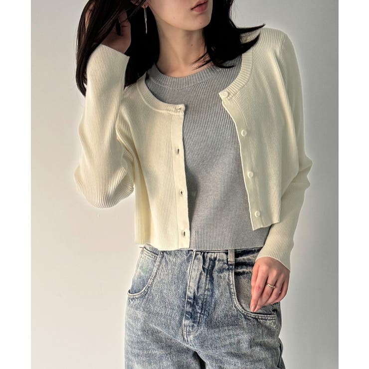 アイボリー | レイヤード風配色ショートニットトップス | JUNOAH