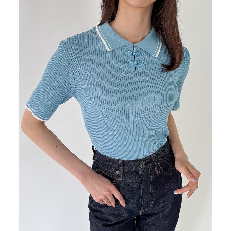 配色ラインチャイナ半袖ポロニット | JUNOAH | 詳細画像10 