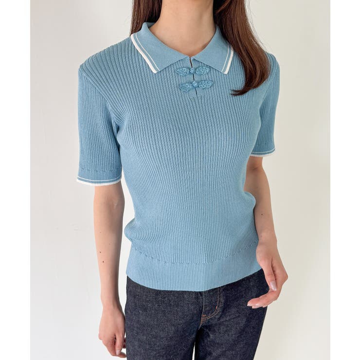 配色ラインチャイナ半袖ポロニット | JUNOAH | 詳細画像12 