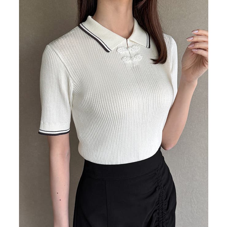 配色ラインチャイナ半袖ポロニット | JUNOAH | 詳細画像6 