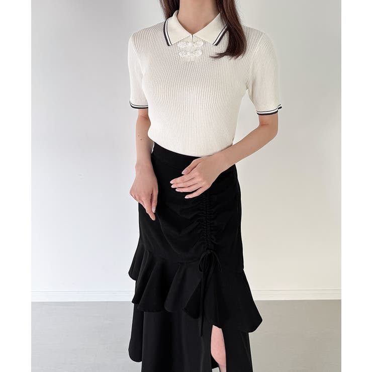 配色ラインチャイナ半袖ポロニット | JUNOAH | 詳細画像7 