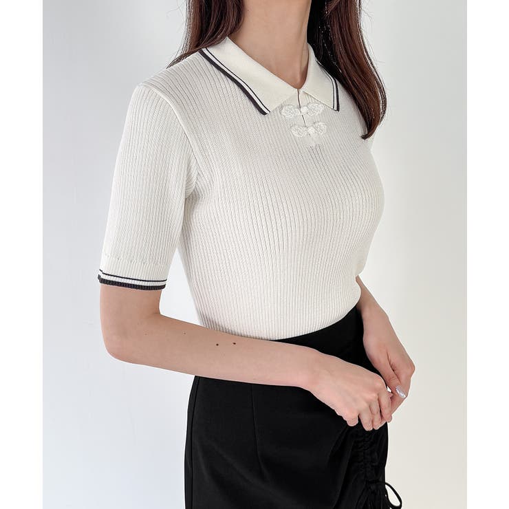 配色ラインチャイナ半袖ポロニット | JUNOAH | 詳細画像8 