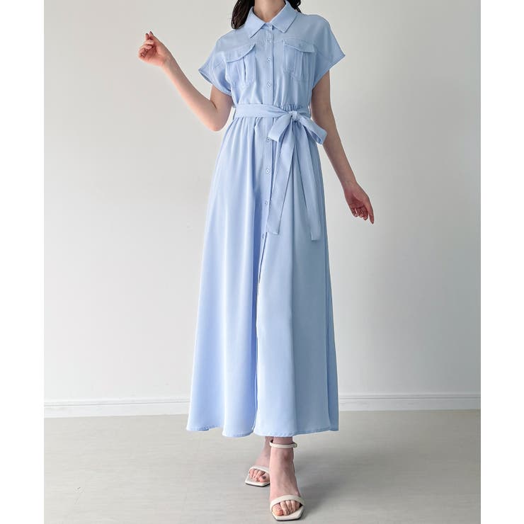 ブルー | ウエストリボンフレアシャツワンピース(薄手、裏地なし、ぺチスカートset) | JUNOAH